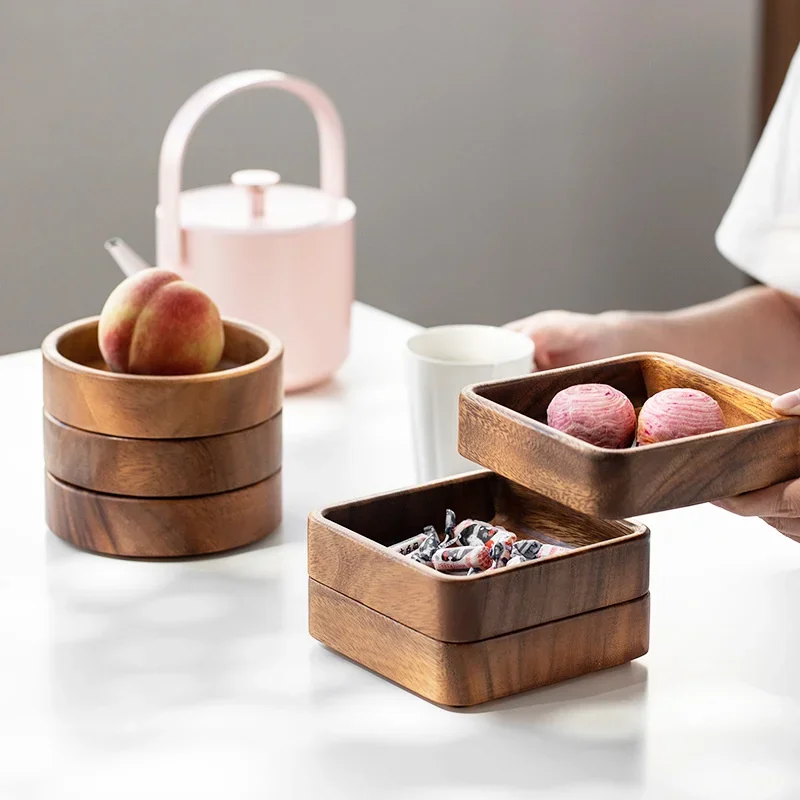 

Wooden Plate Square Tray Japanese Tableware Household Confectionery Plate Small Round Bowl Creative Stackable Plate