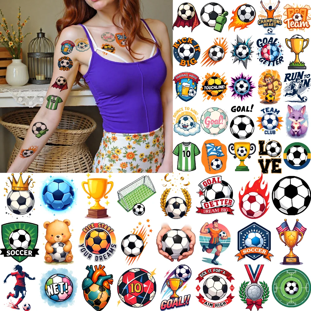 

54 шт., временные татуировки, трофей, мультяшный футбольный мяч, футбольные водонепроницаемые долговечные наклейки на тело для мужчин, взрослых, плечи