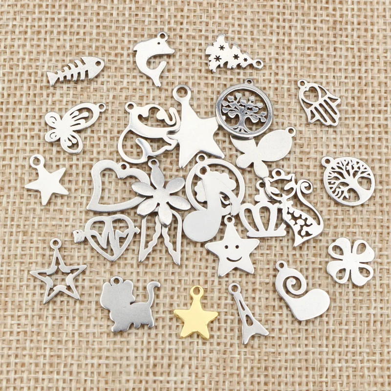 30pc/lot 316 Stainless Steel Five-pointed Star Cute Necklace Pendant Charms Small Cat Dolphin Fish Charms for DIY Jewelry Making