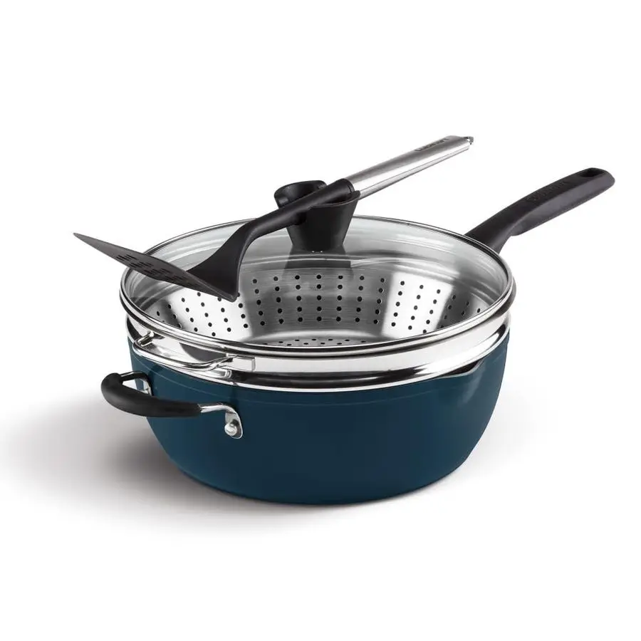 

Preferred Pan 4Pc Set Nouveau Navy 4.5 Qt. MultiPurpose Pan w Cover, Steamer, Slotted Turner