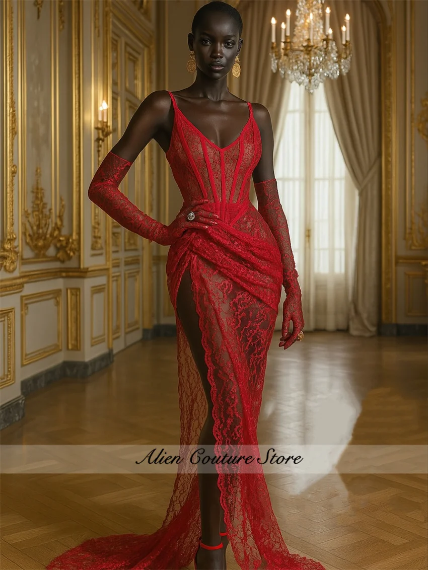 

Sexy Red Long Prom Dresses 2025 With Two Gloves Slit Lace Birthday Party Gown Straps Formal Party Gowns Customized