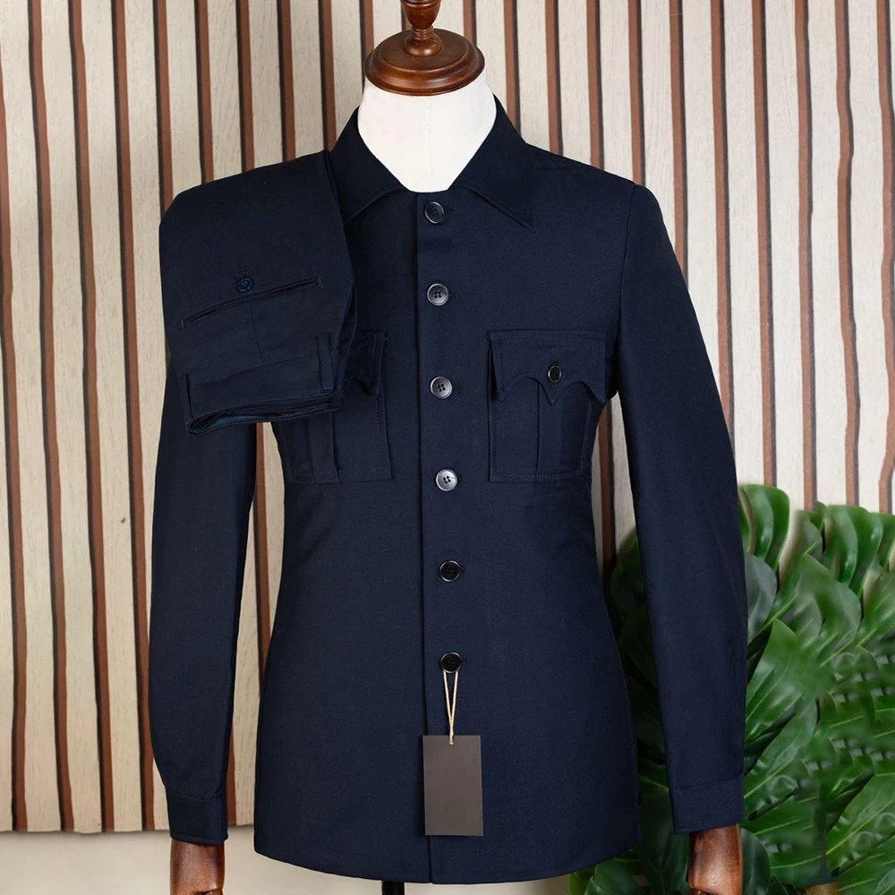 

Navy Blue Men's Suits Business Single Breasted Stand Lapel Slim Fit 2 Piece Jacket Pants High Quality Male Clothing Outfits Sets