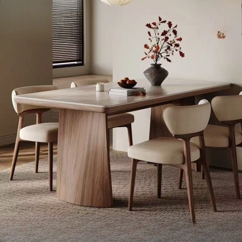 French travertine rock slab dining table and chair combination, modern style simple small apartment family dining table