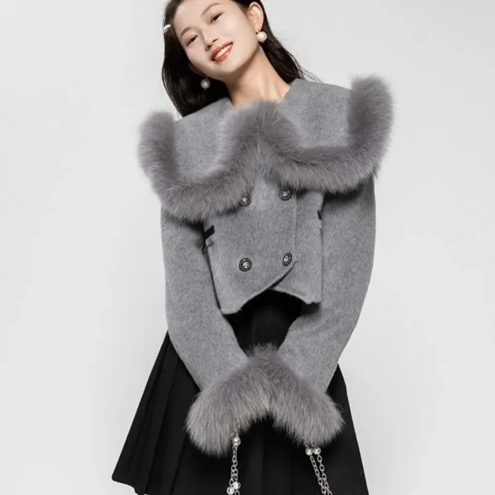 

2024 Sailor Collar Double Breasted Fur Sleeve Wool Coat Female New Autumn Winter Fashion Sweet Real Fox Fur Woolen Jacket Women