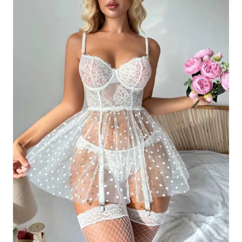 

Women Garter Lingerie Babydoll Nightgown Mesh Chemise Boudoir Nighty Teddies Lingerie Slip Dress with Thong Panty Set