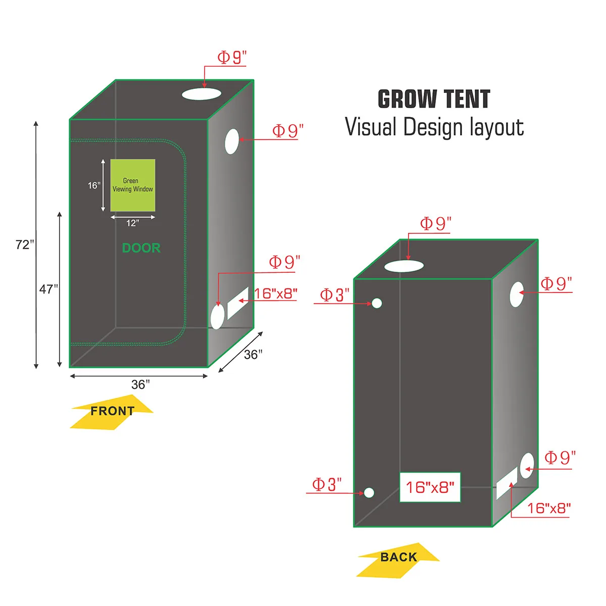 Hydroponics 36''x36'x72'' 600D High Reflective Mylar Hydroponic Grow Tent W/Observation Window For Indoor Plant Growing