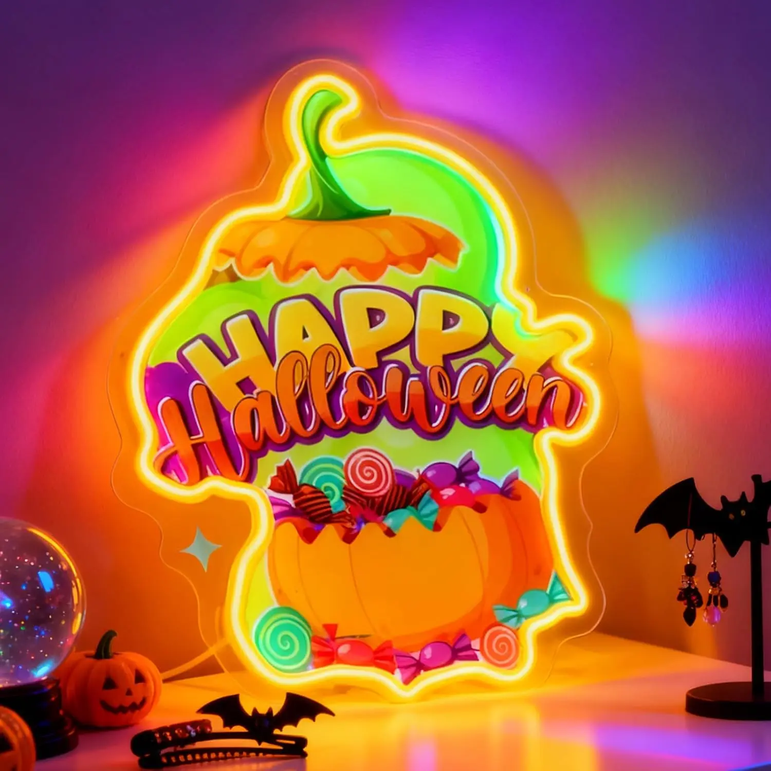 Happy Halloween Pumpkin LED Neon Sign USB Powered Neon Light for Holiday Party Bar Bedroom Christmas Spooky Wall Art Decor Gift