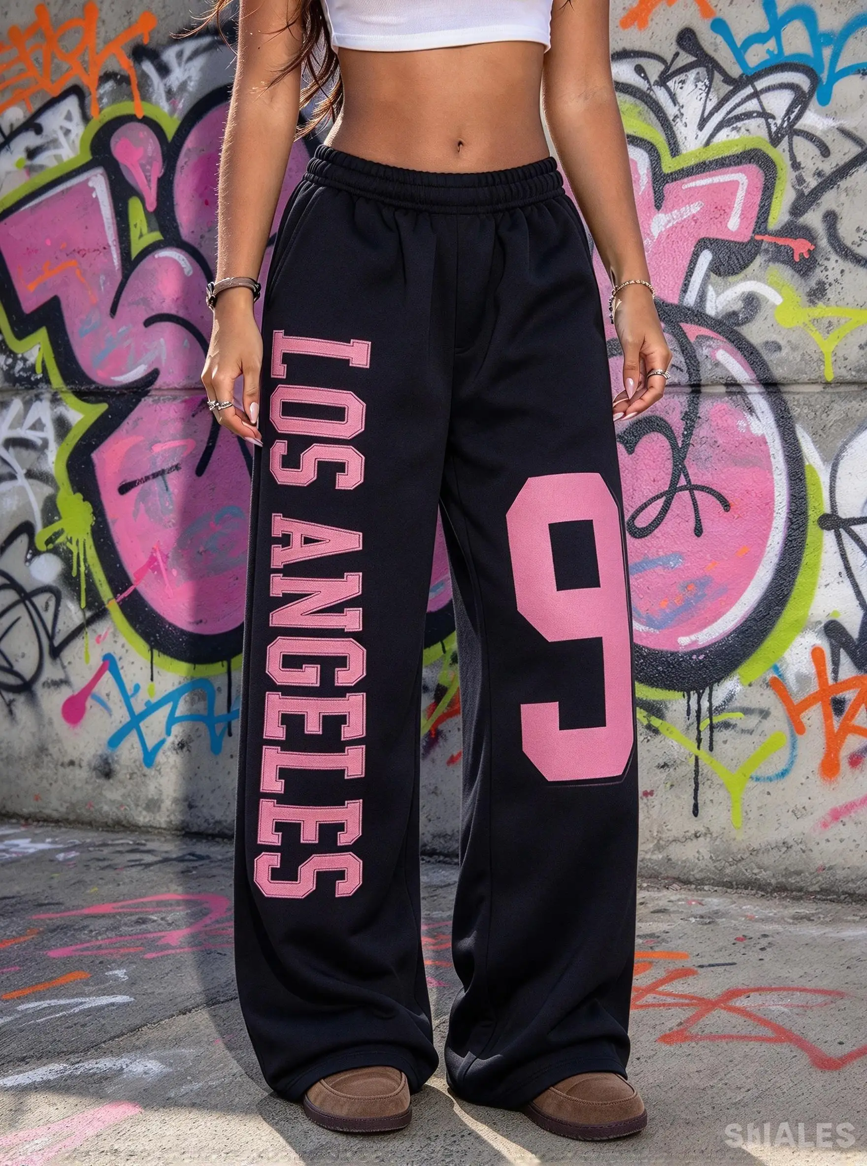 Women Wide Leg Sweatpants Los Angeles 96 Letter Print Elastic Waist Drawstring Soft Street Casual Daily Fashion Women's Clothing