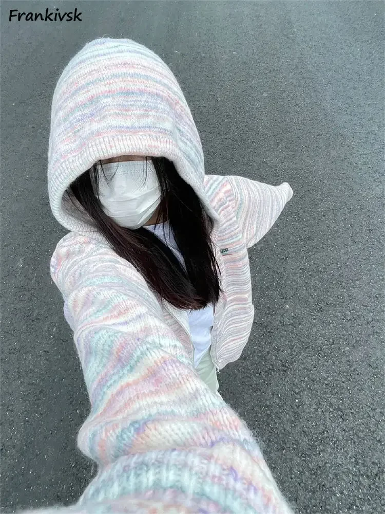 

Colorful Cardigan Women Hooded Loose Fashion Simple Striped Lovely Schoolgirl Knitwear Korean Style Autumn Outerwear High Street