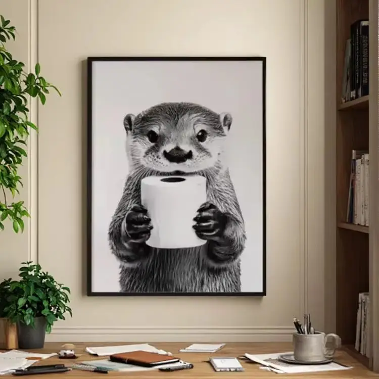Minimalist Otter Wall Art Funny Animal Holding Toilet Paper Black & White Canvas Painting for Bedroom Living Room Bathroom Decor