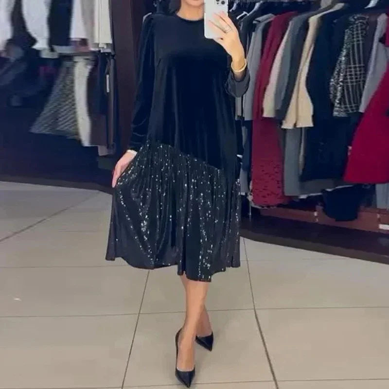 Abiti da sera con paillettes impiombate in velluto solido autunnale Abito da donna elegante con scollo a O lungo pullover Abito invernale con orlo a maniche lunghe