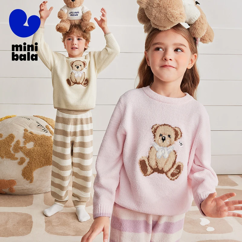 

Mini Bala Kids Pajama Set Teddy Bear IP Collaboration Plush Fleece Family Loungewear