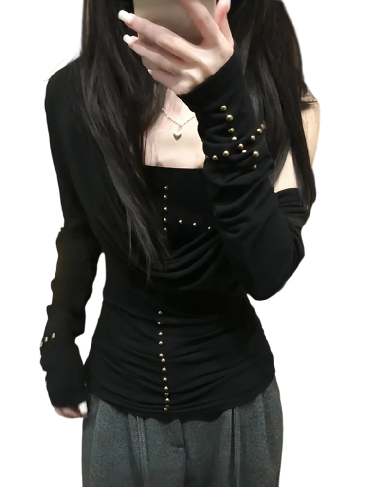 American Sle Long Sve T-irt Women's Spring Autumn Design Slim Fit Rivet Tube Top Inner Wear Layering Bla Top