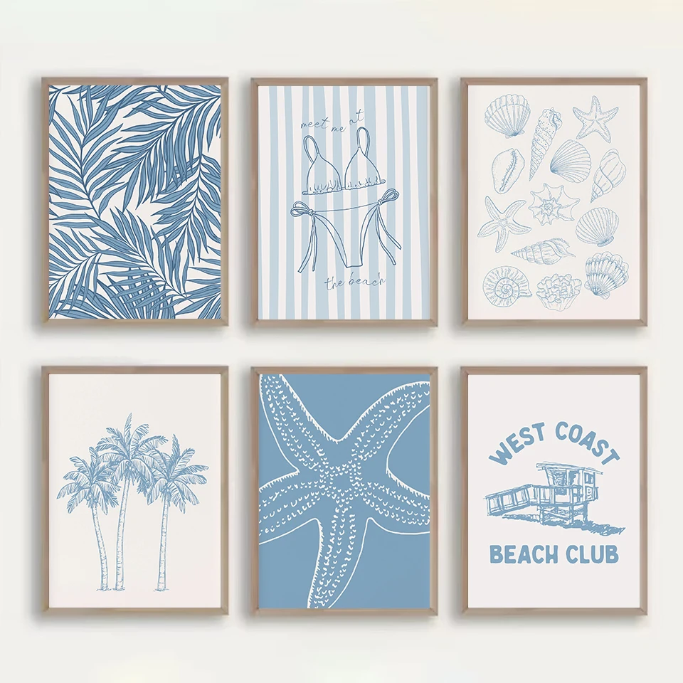 Retro Trendy Abstract Beach Coastal Blue Seashell Palm Tree Bikini Poster Canvas Painting Wall Art Pictures Home Bathroom Decor