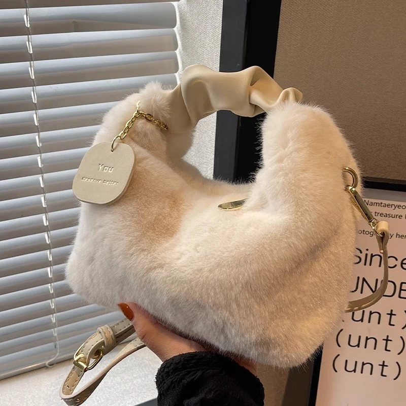 

Women Plush Handbags Ruched Handle Small Lady Shoulder Crossbody Bag Casual Tote Half-Moon Hobos Winter Bags