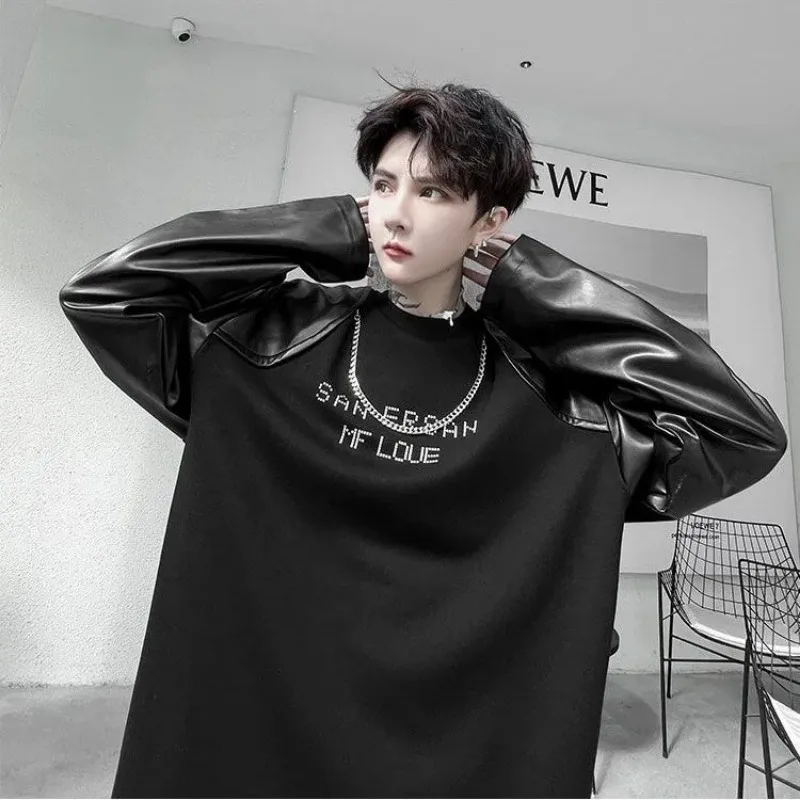 

Весенне-осенняя футболка с кожаными рукавами контрастного цвета и длинными топами, мужская толстовка с цепочкой, футболки