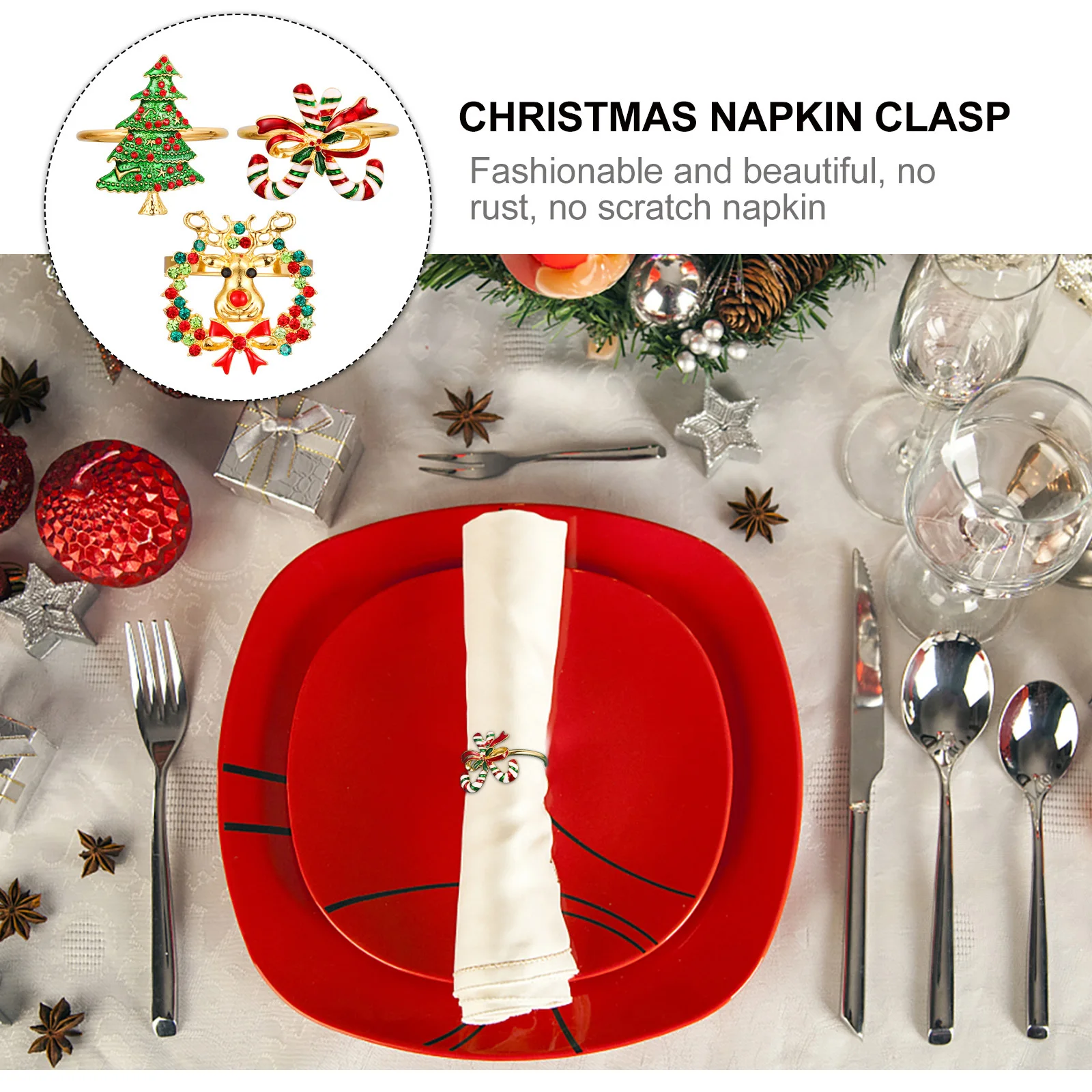 

3Pcs Napkin Rings Christmas Themed Rhinestone Alloy Table Decoration Xmas Napkin Holder Festival Dinner Decor