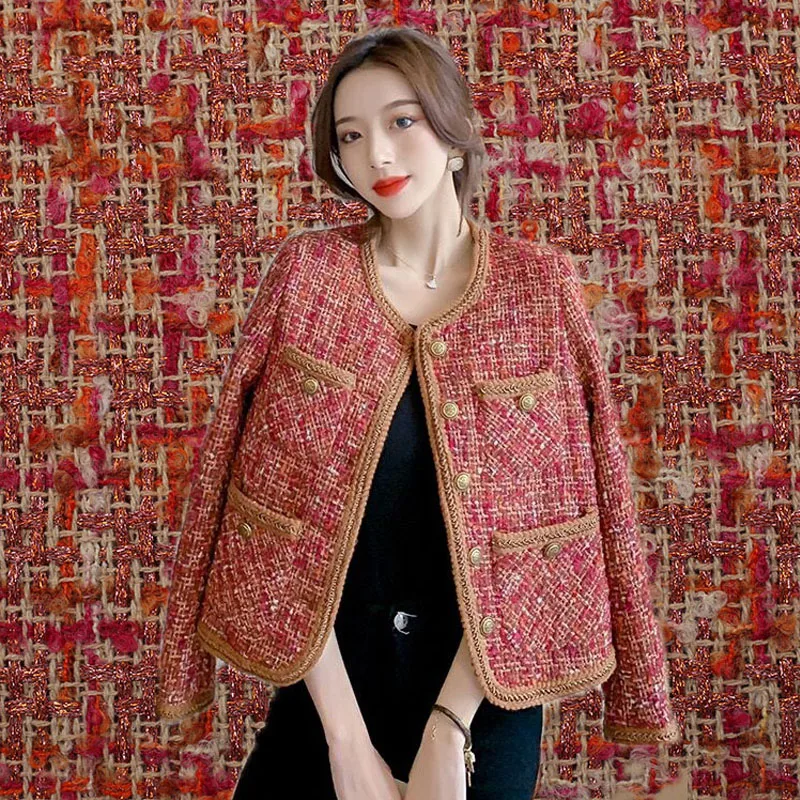 

Красный цвет, яркая проволока, окрашенная в пряжу плетеная твидовая ткань для женщин, осенняя куртка, платье, костюм, пальто, сумка, ткань «сделай сам», швейный материал