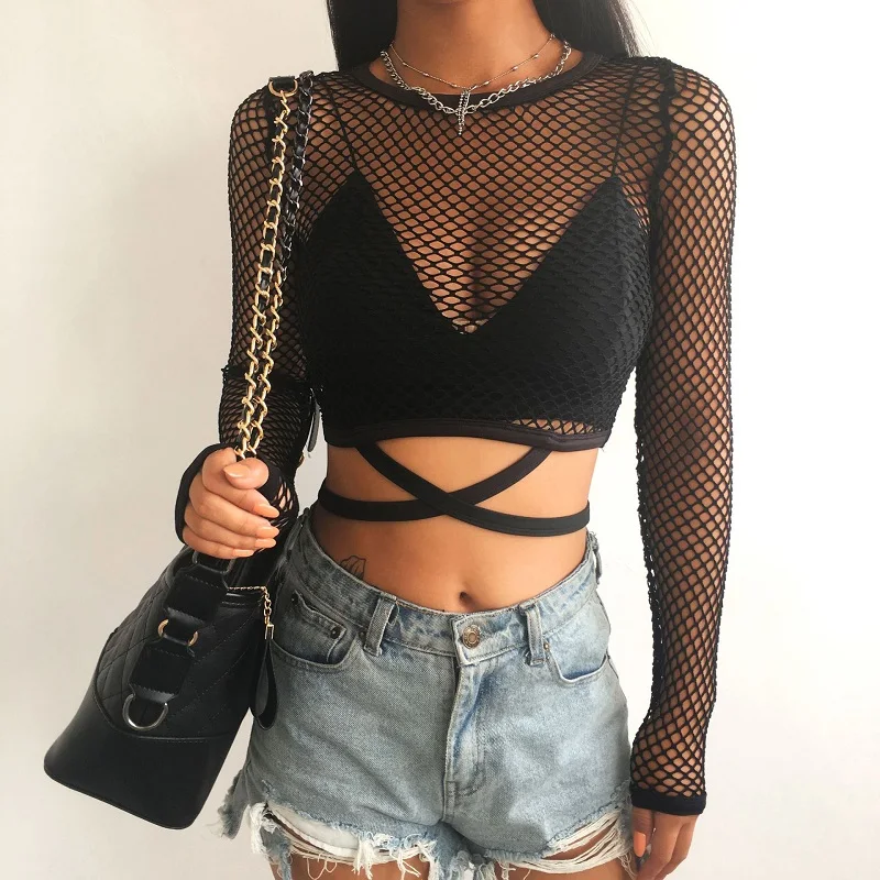 Harajuku Fashion Casual Black Perspective Grid Long Sleeve Tshirt 2024 New Sexy Short Round Neck Strap Crop Short Spice Girl Top