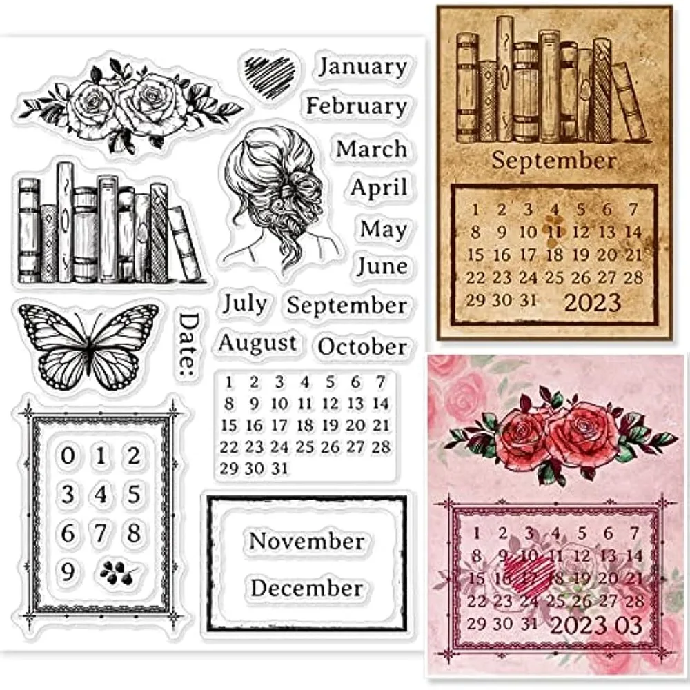 Calendários Vintage Limpar Selos para Scrapbooking DIY, Livros Quadros, Borboleta, Flor, Máquina de Escrever, Transparente Silicone Selos