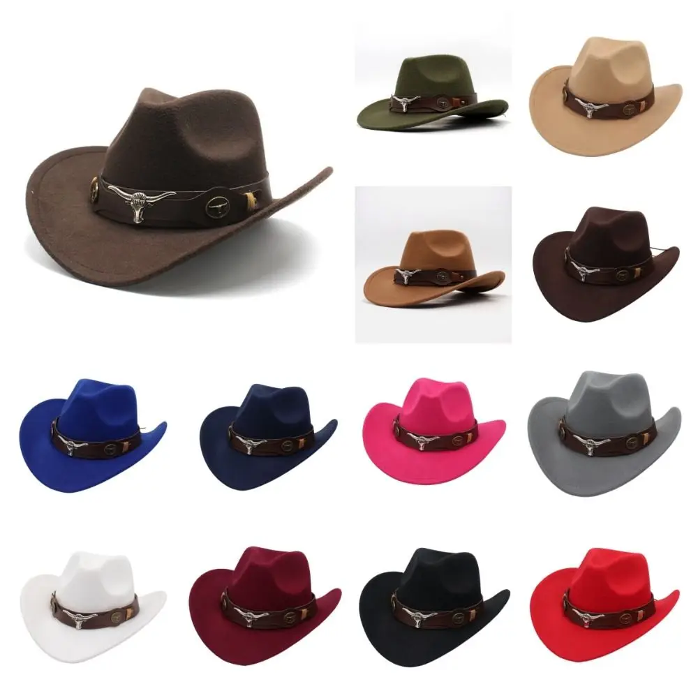 Cool Woolen Western Cowboy Hat Solid Color Wide Brim Cowgirl Jazz Hat Big-edge Party Cosplay Hat Cycling Caps