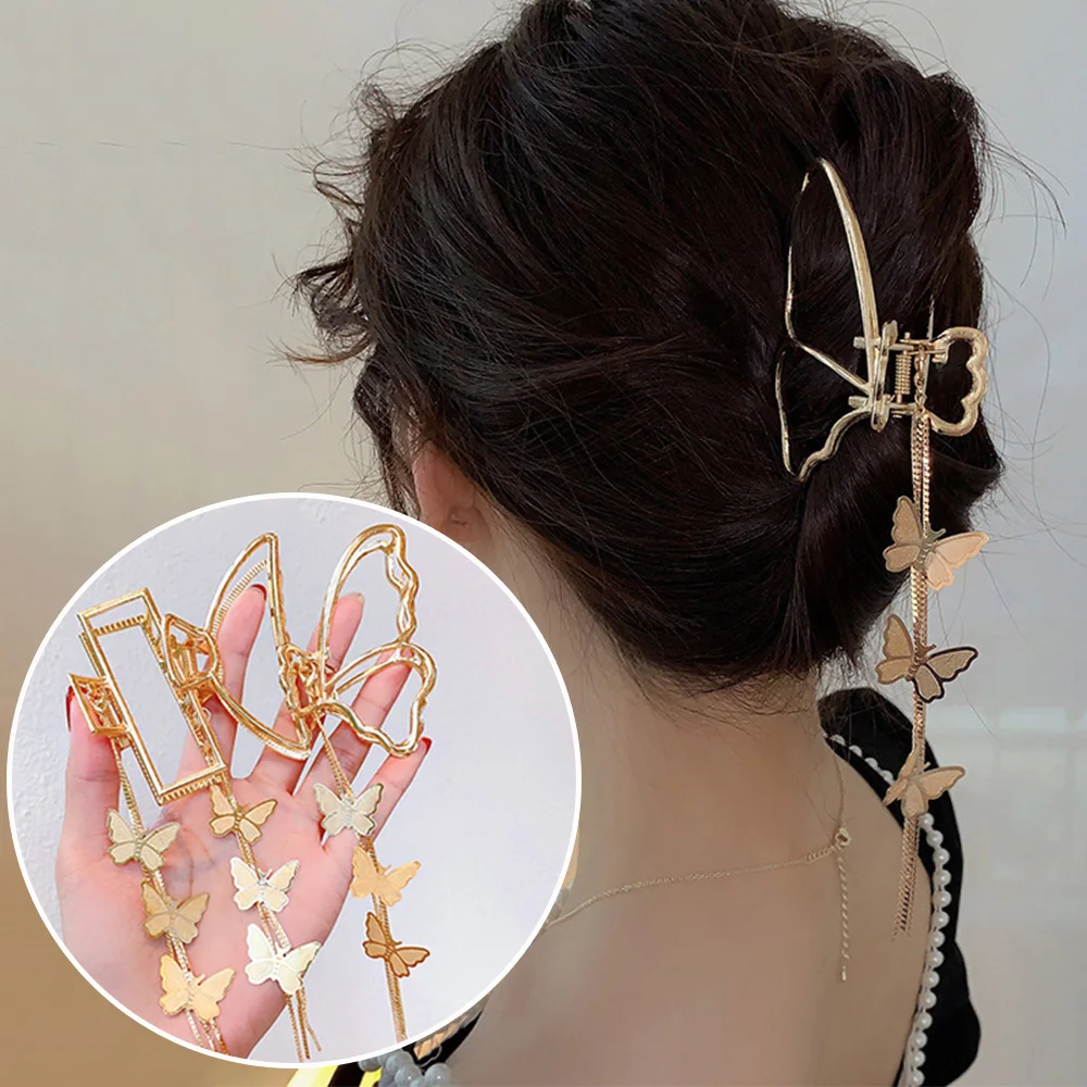 Vintage Metal Butterfly Hair Claw Nonslip Elegant Golden Geometric Hair Crab Clips With Butterfly Tassel Girls Hair Accessories