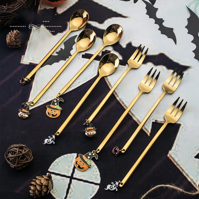 

Halloween Cutlery Set Stainless Steel Gold Witch Ghost Tableware Tea fruit snack Spoon Fork Set Halloween Dessert Cake Spoon