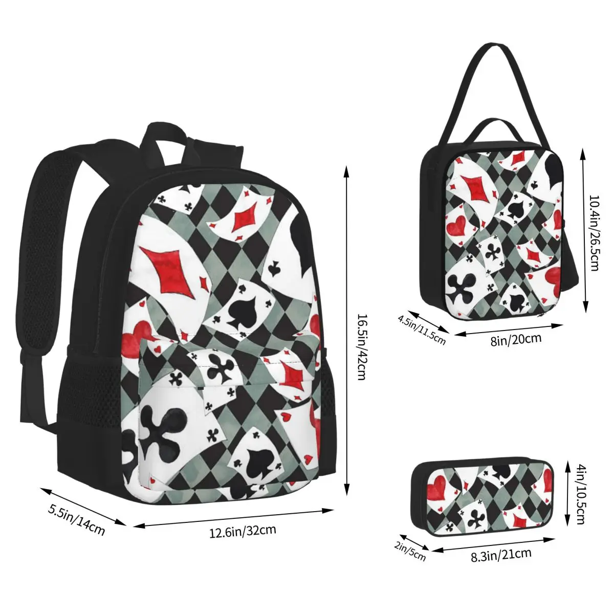 Cool Poker Playing Cards Gambling Card Game Backpacks  Bookbag School Bags Kids Rucksack Lunch Bag Pen Bag Three-Piece Set