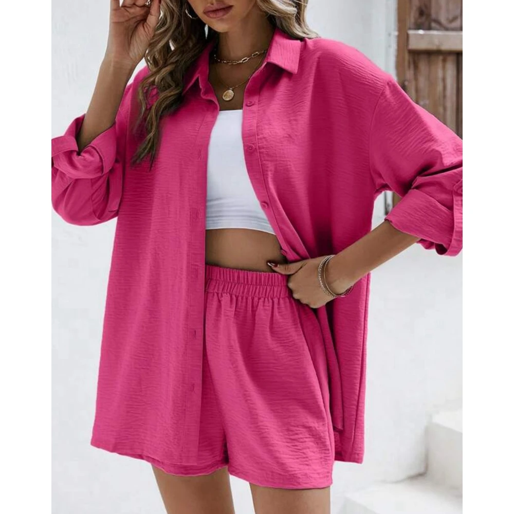 

Ensembles Femme Solid Color New in Summer Two Piece Set Women Casual Roll Up Sleeve Shirt Top & Elastic Waist Shorts Sets Suits