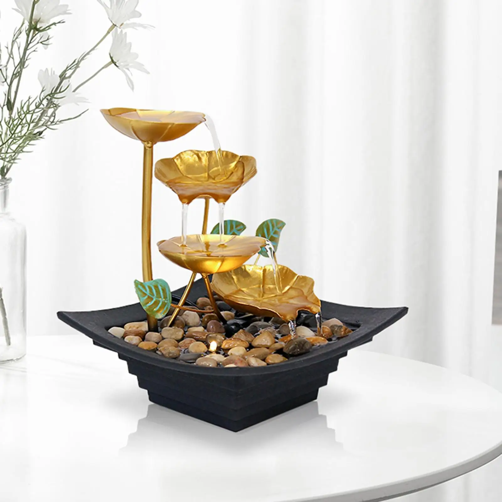 Lotus Leaf Tabletop Fountains Natural Rocks and Warm Yellow Light for Patio Tabletop Desktop Indoor Decor Feng Shui Ornament