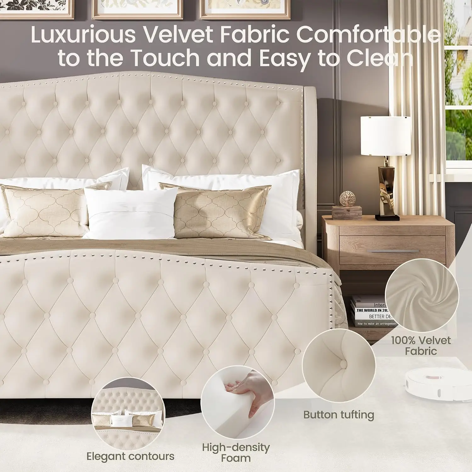 Queen Size Bed Frame Velvet Upholstered Platform Bed with Wingback Headboard & Footbaord, Deep Button Tufted Bed, Customized - view 3