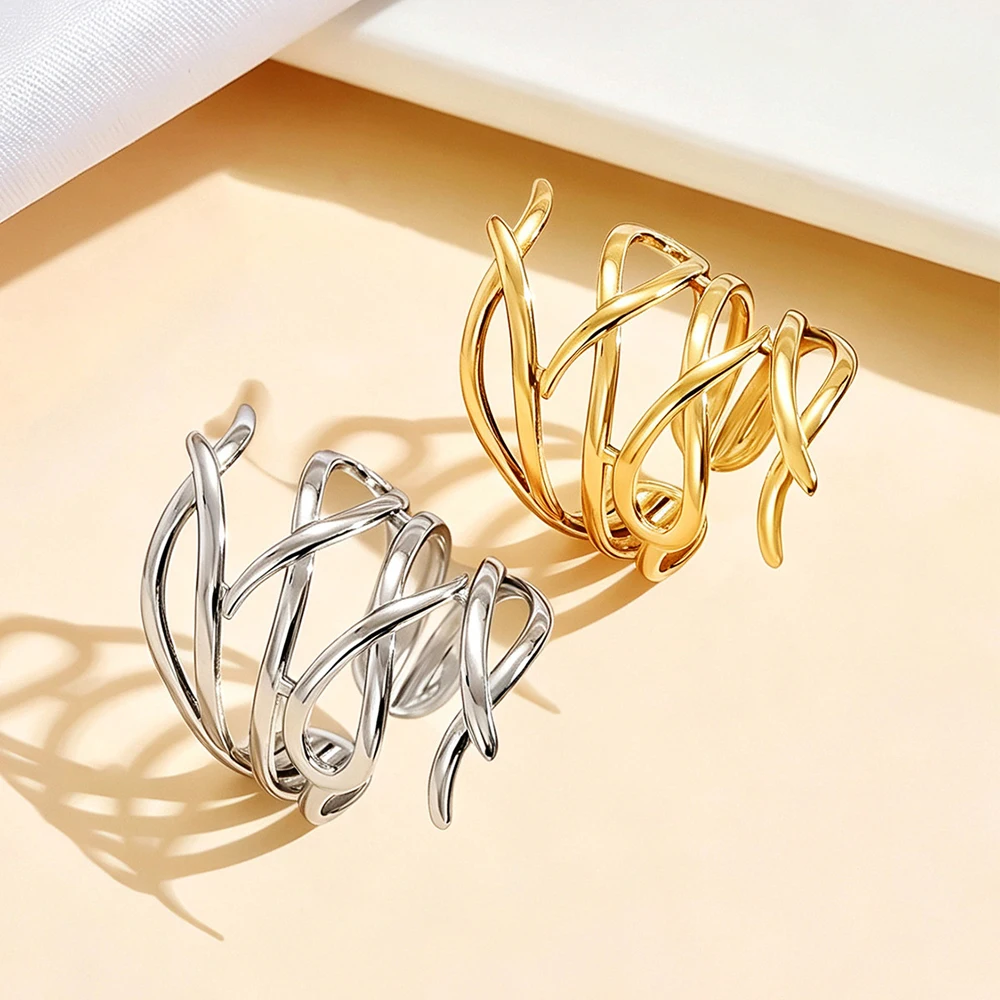 Stainless Steel Line Ring Neutral Multi Layer Hollow Stackable Open Ring Trendy Fade Resistant Banquet Hand Jewelry Accessories
