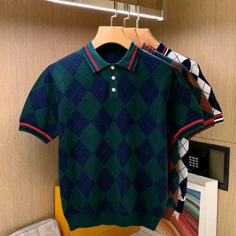 Luxury Men Knitted Polo Shirts Short Sleeve Vintage Classic Plaid T-shirts Turn-down Collar Tops