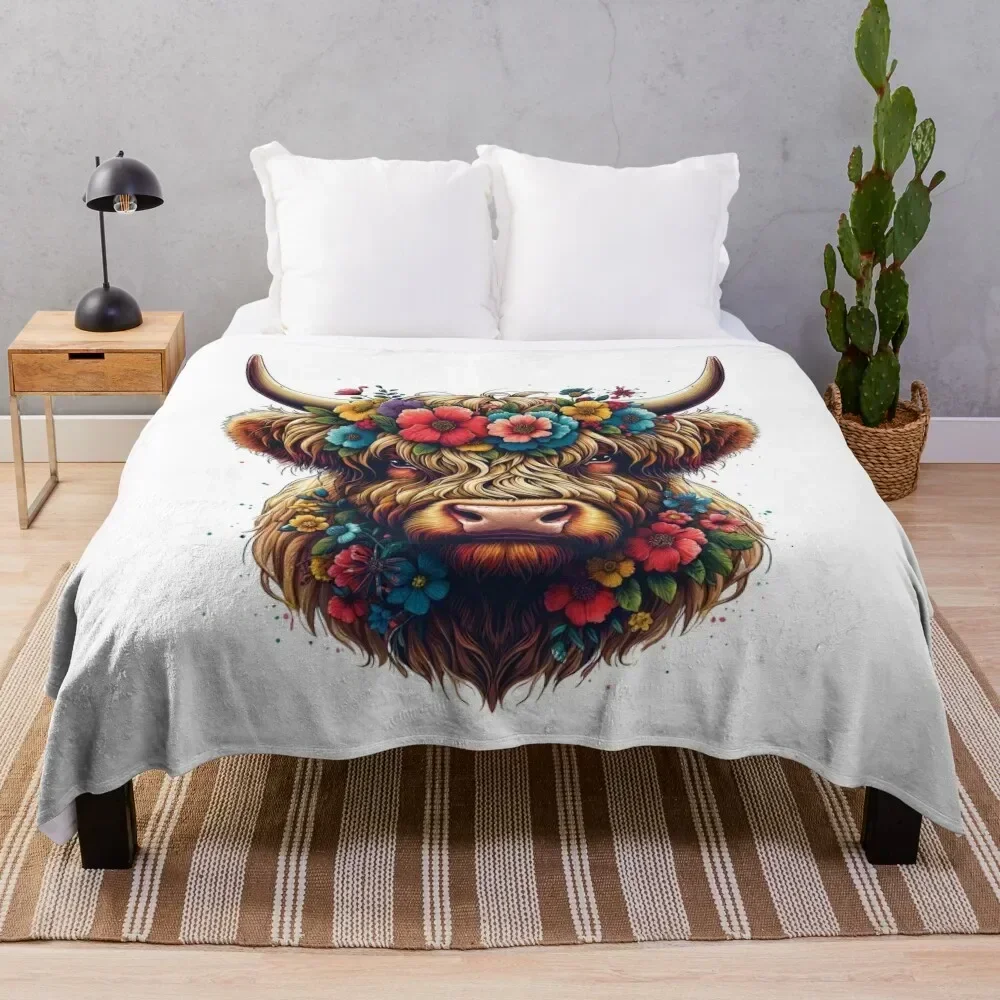 

Scottish Highland Cow Cattle Farm Hairy Cowgirl Flower Throw Blanket Warm Plush Fuzzy Blanket for Living Room