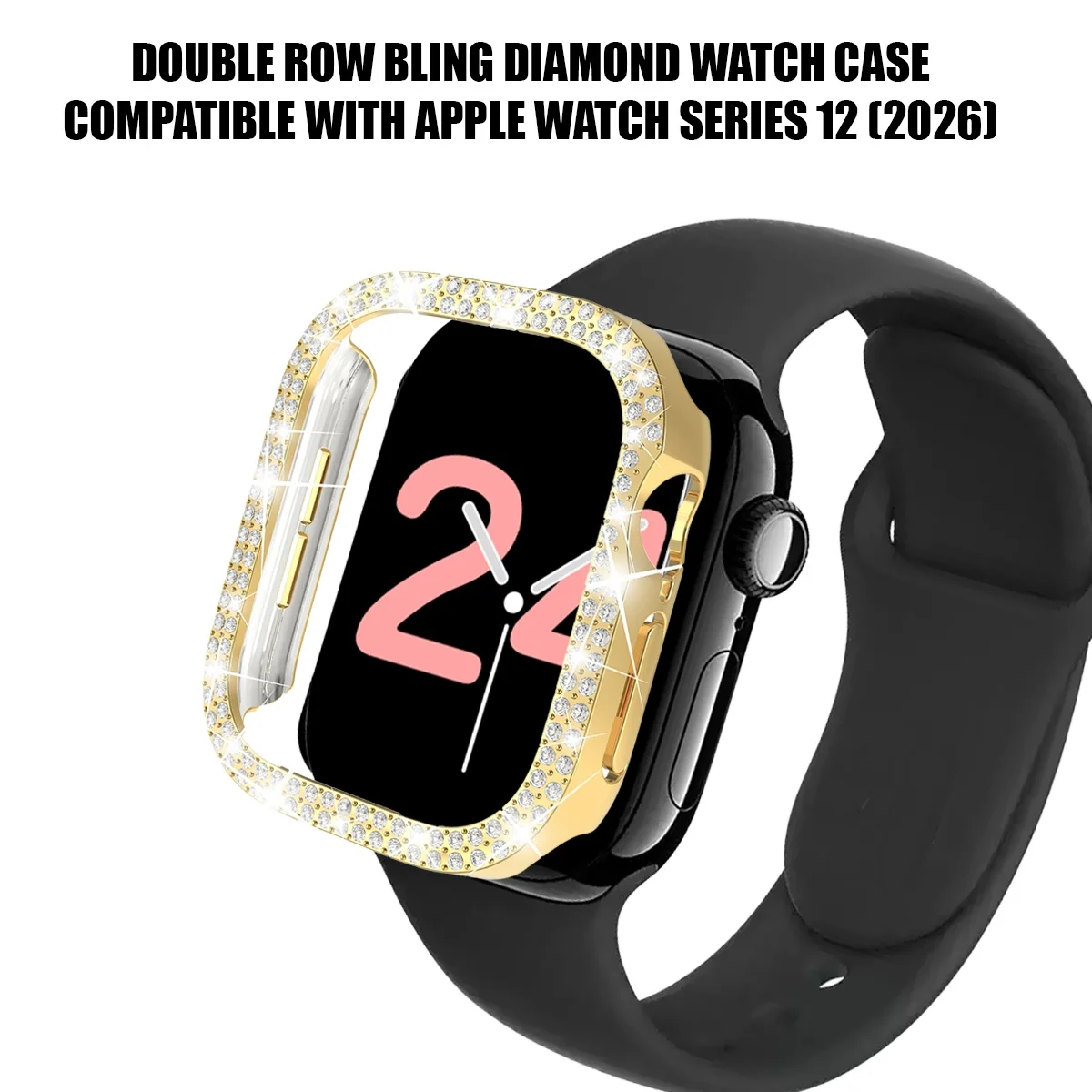 Fashionable PC material double-row rhinestone hollow protective case for Apple Watch 42mm 46mm, compatible with Series 12(2026)