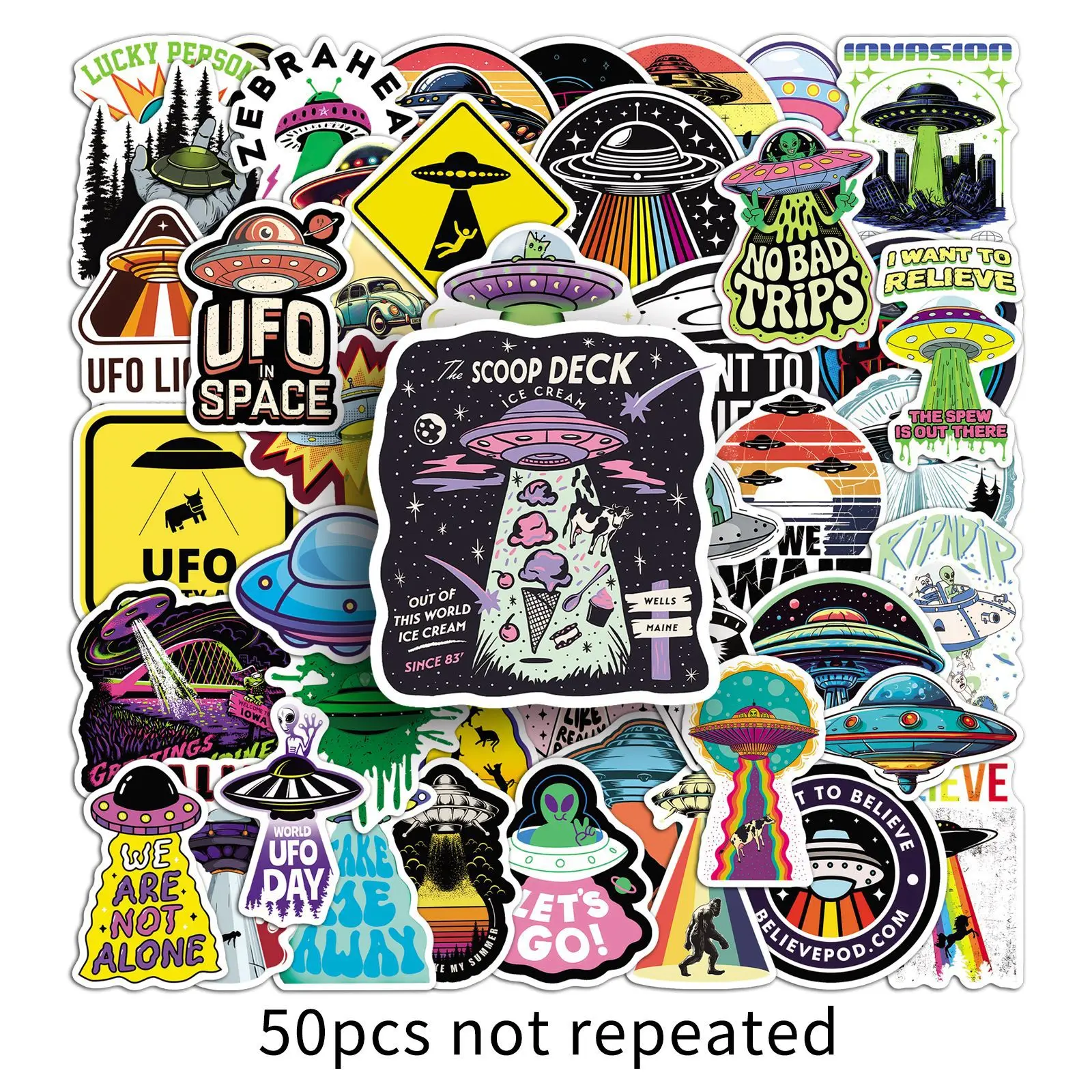 50PCS Cartoon UFO Graffiti Stickers Fantasy Creative Alien Decal DIY Luggage Phone Guitar Scraphbook Cup Car Classic Kid Toys view 6