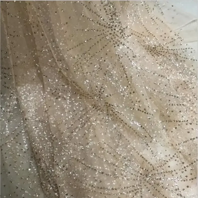Tessuto di pizzo fuochi d'artificio con paillettes oro champagne tessuto di tulle con fiori di paillettes per abito da sposa Velo da sposa Abito da tutu Abito da bambino 1 metro