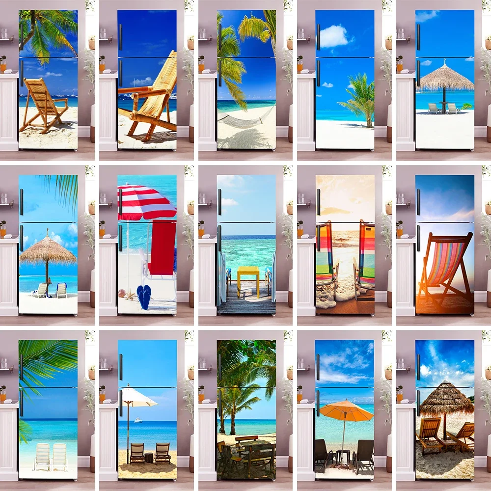 

Summer Sea View Scenery Fridge Door Wrap Mural Cover Beach Chair Wall Art Kitchen Wallpaper for Refrigerator Cabinet Door Decals