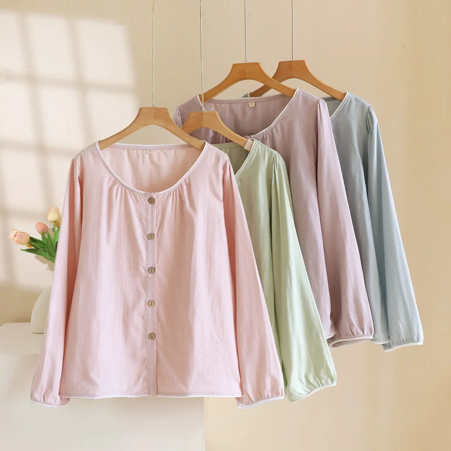 

Solid Color Cotton Sleepwear Tops for Women's Autumn Long Sleeved Thin Cardigan Shirt Homewear Clothes Tops for Ladies