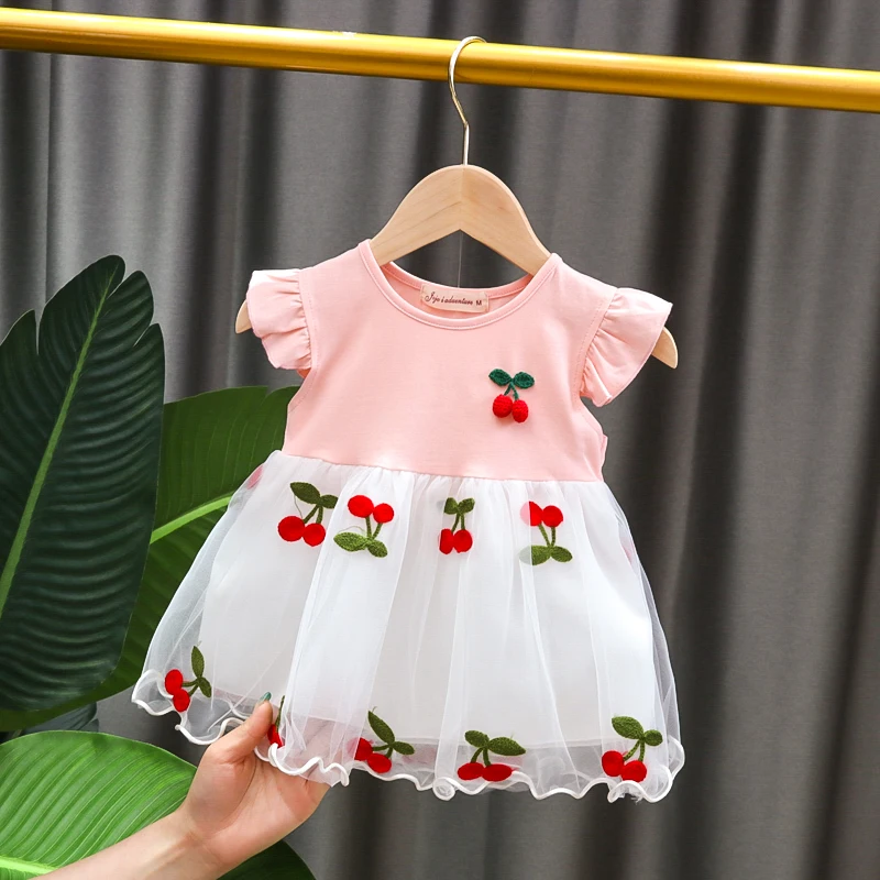 Summer Fly Sleeve Baby Girl Dress Mesh Short-sleeved Dresses Stitching Embroidery Yarn Skirt Cotton Cherry Princess Skirt 0-3Y