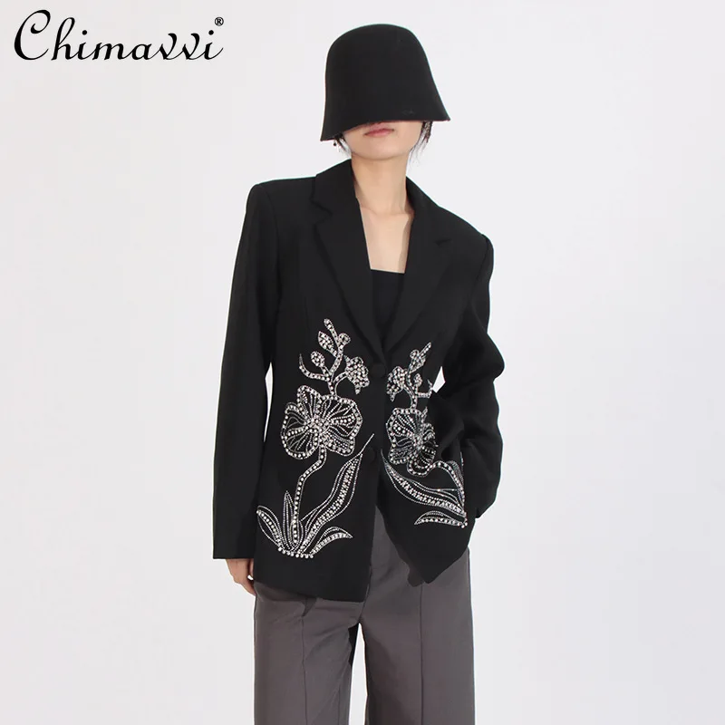 

Elegant High-End Versatile Commuter Office Lady Suits Heavy Industry Diamond Beaded Flower Single-Breasted Black Blazers Women