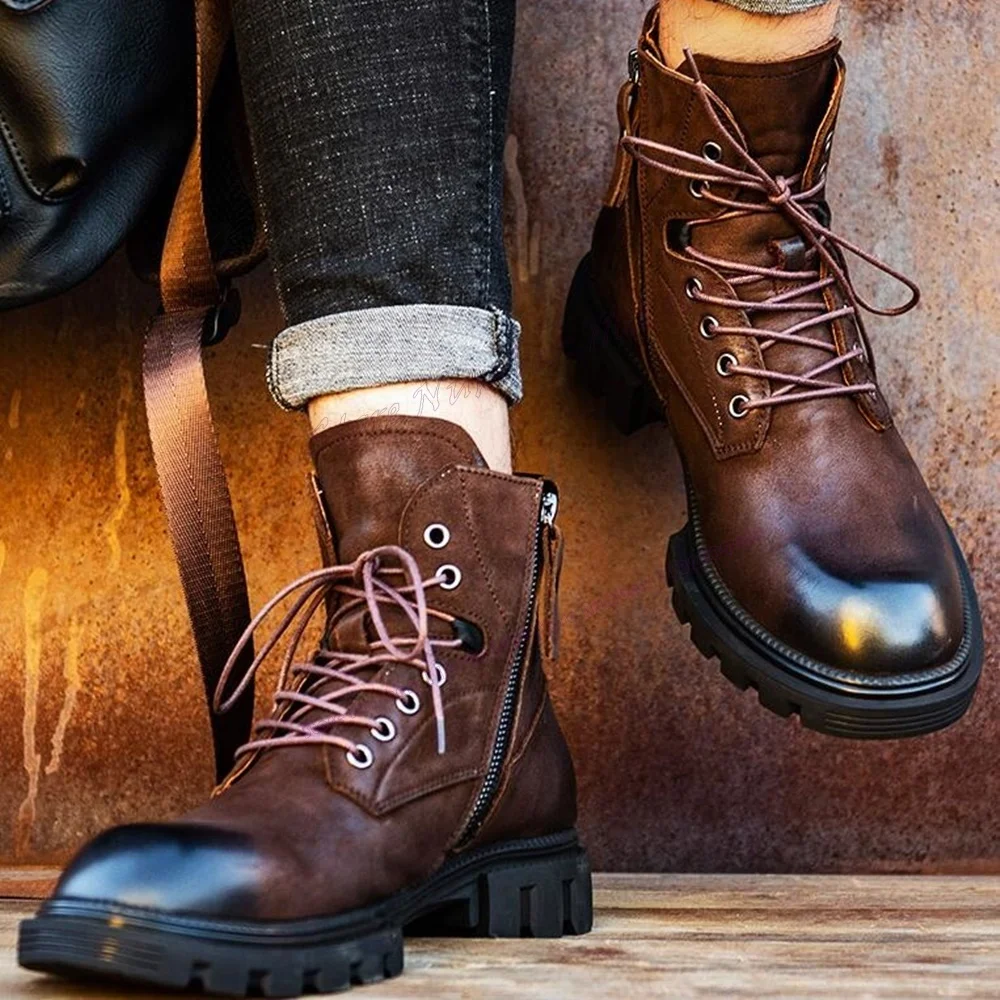 

Men's Lace Up Ankle Boots Round Toe Chunky Heels Vintage British Style Shoes Motorcycle Shoes for Men 2023 Zapatos Para Hombres