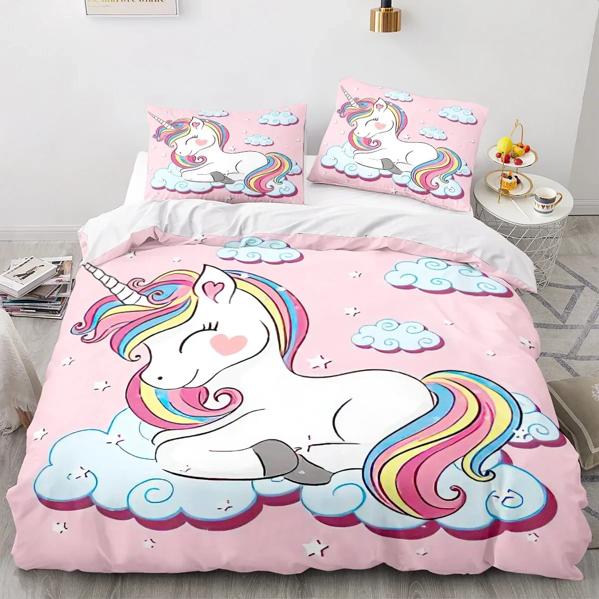 Unicorn Duvet Cover King Queen Cute White Cartoon Animal Bedding Set Children Boys Girl Western Fairy Tale Polyester Quilt Cover