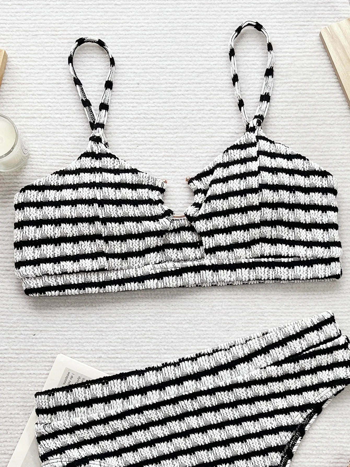 Prowow Women Bikinis Set 2024 New Arrivals Summer Black White Striped Bathing Swimming Suits Two Piece Separated Beach Wear