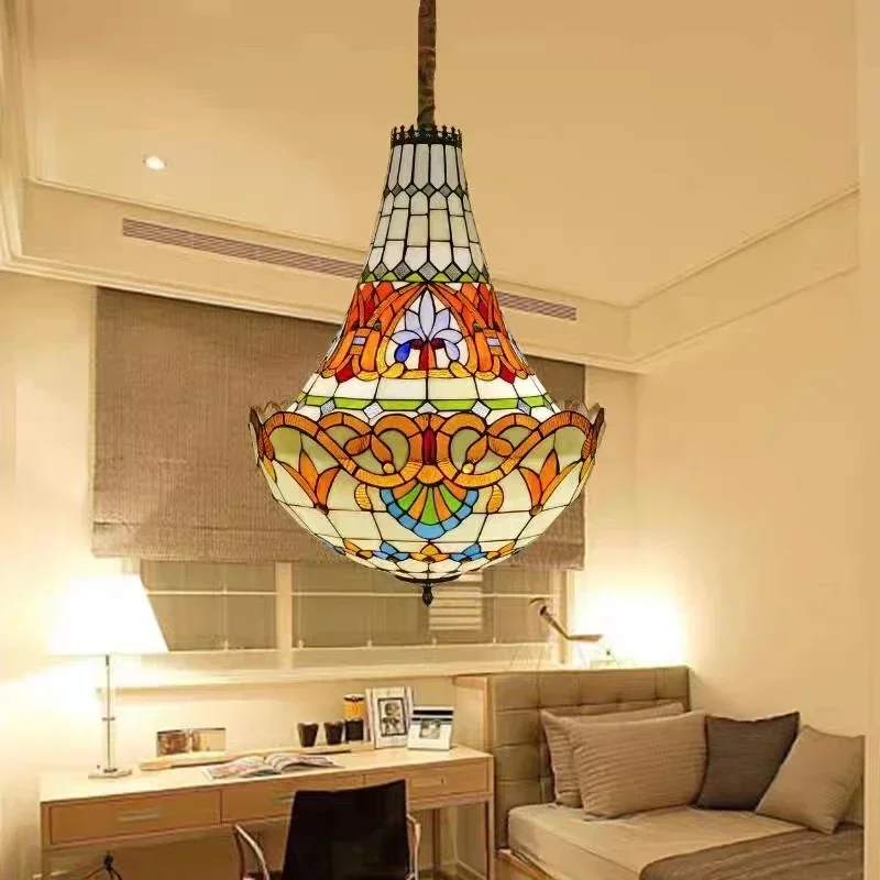 Tiffany Mediterranean Living Room Bedroom Dining Room Chandelier Mediterranean Vintage Stained Glass Staircase Pendant
