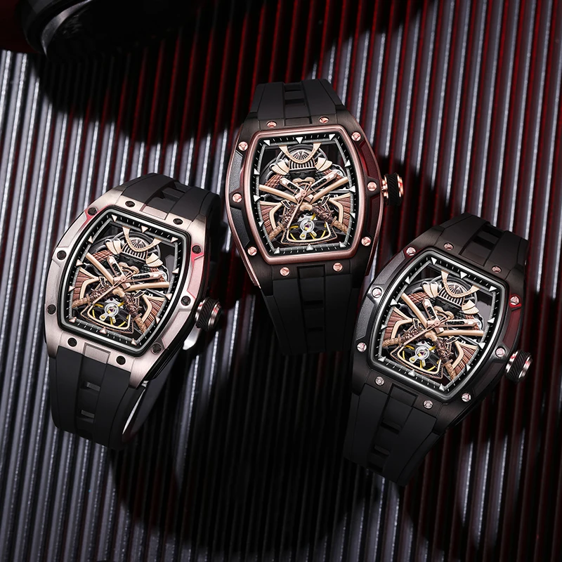 CHANCE JC-9-198G-5 Japanese Samurai Mechanical Watch Tourbillon Automatic Wristwatch Luxury Steel Case Hollow Dial Men Watch