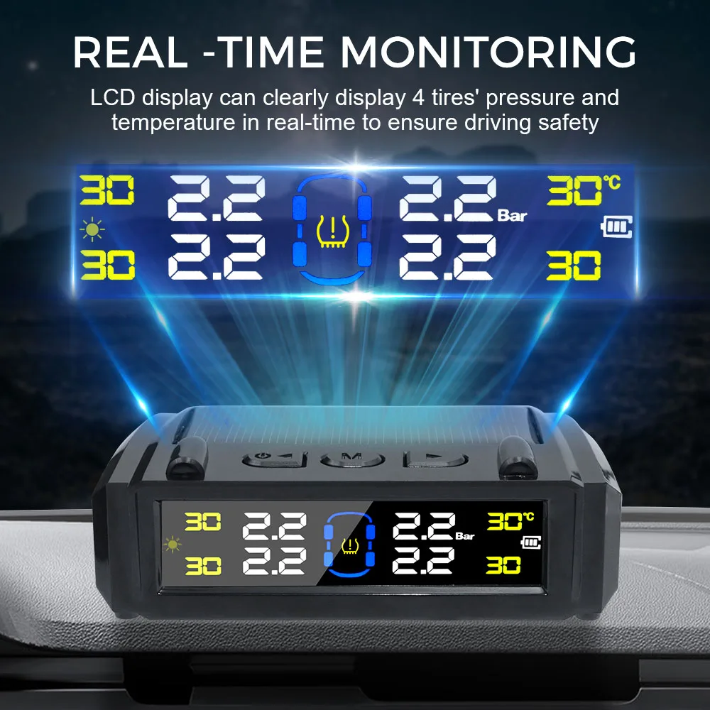 Car TPMS Temperature Warning Tire Pressure Monitoring System 0-6Bar USB/Solar Power Digital LCD Display 4 External Sensors