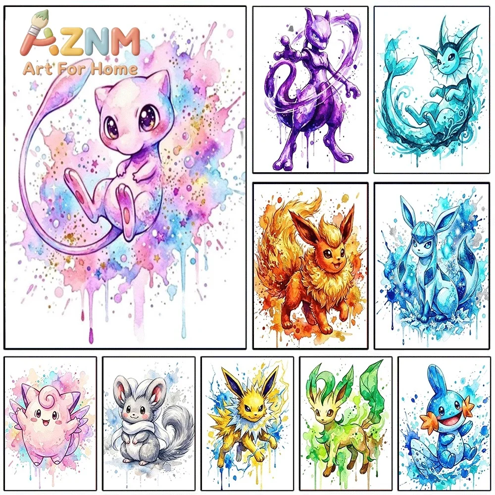 2D Flat Posters & Prints,Mew Watercolor Splash Canvas Wall Art,2D Flat Frameless Anime Monster Print,Home Decor for Kids Bedro