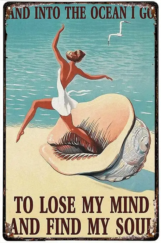 Funny Metal Tin Sign Dancing Girl Ocean Lose My Mind Find My Soul White Dress Albatross Iron Poster Art Holiday Decoration Outdo