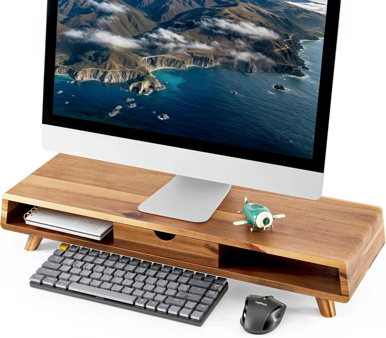 

Acacia Wood Monitor Stand with Drawer - Ergonomic Riser for Desk, Laptop, TV - 24.4" x 8" x 5"